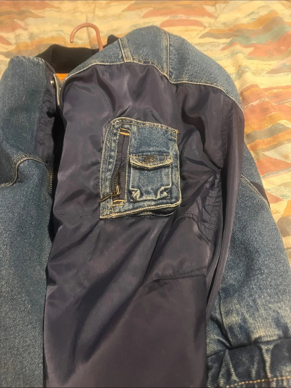Route 66 Denim Bomber Jacket with Navy Sleeves